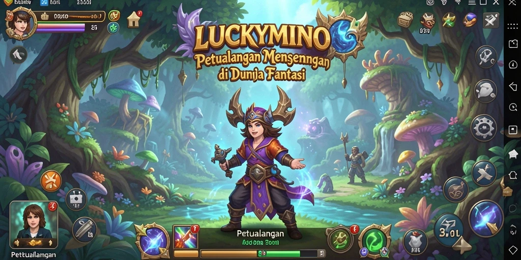 Tampilan antarmuka LUCKYMINO saat menjelajahi dunia petualangan.